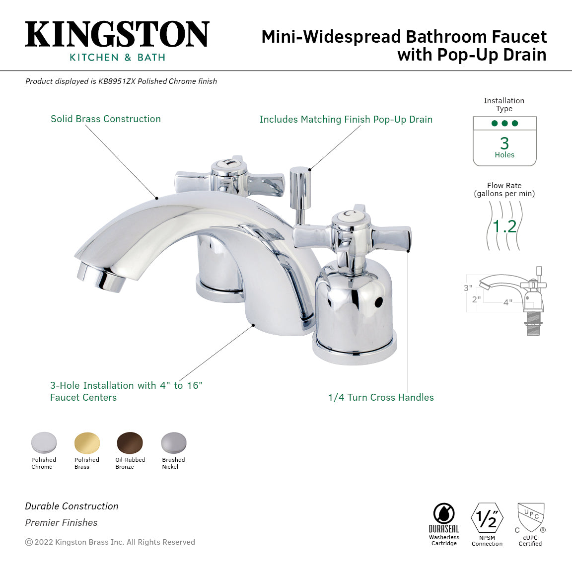 Kingston Tulare KB8951ZX - Millennium Two-Handle 3-Hole Deck Mount Mini-Widespread Bathroom Faucet with Pop-Up Drain, Polished Chrome — thumbnail 3
